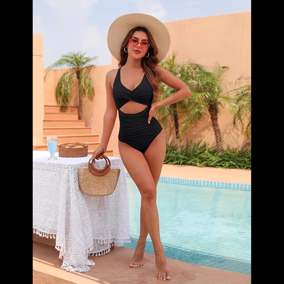 Women’s High Waisted Ruched Tummy Cutout One Piece Bathing Suit - Picture 2 of 9